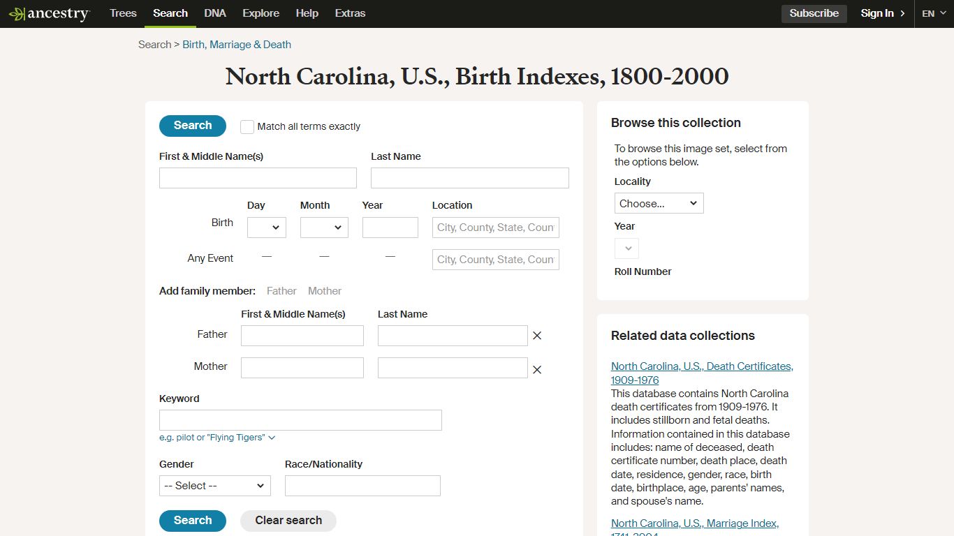 North Carolina, U.S., Birth Indexes, 1800-2000 - Ancestry.com