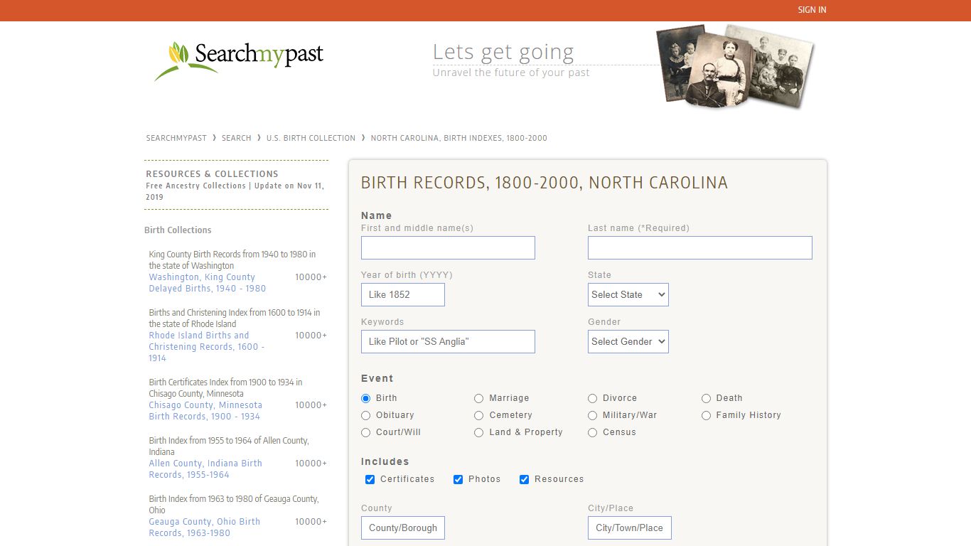 North Carolina, Birth Indexes, 1800-2000 | Searchmypast